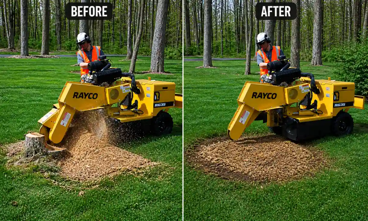 Before and after stump grinding service in Springfield MO showing complete tree stump removal