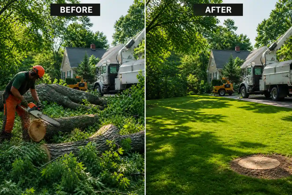 **Alt Text:**
`Before and after tree removal service in Springfield MO showing large tree cleanup and restored residential yard`