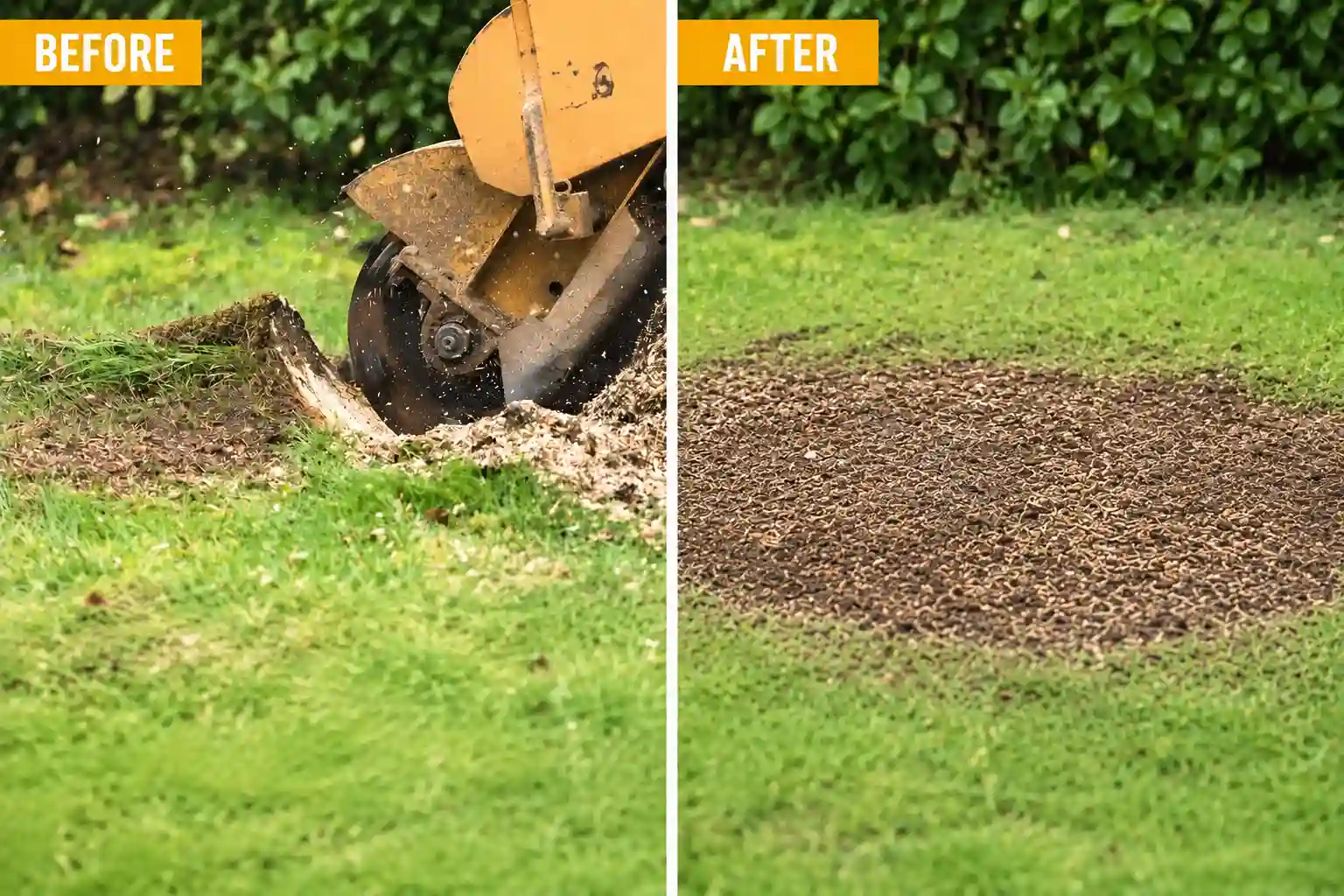 Before and after stump grinding service in Springfield, MO showing tree stump ground below surface level