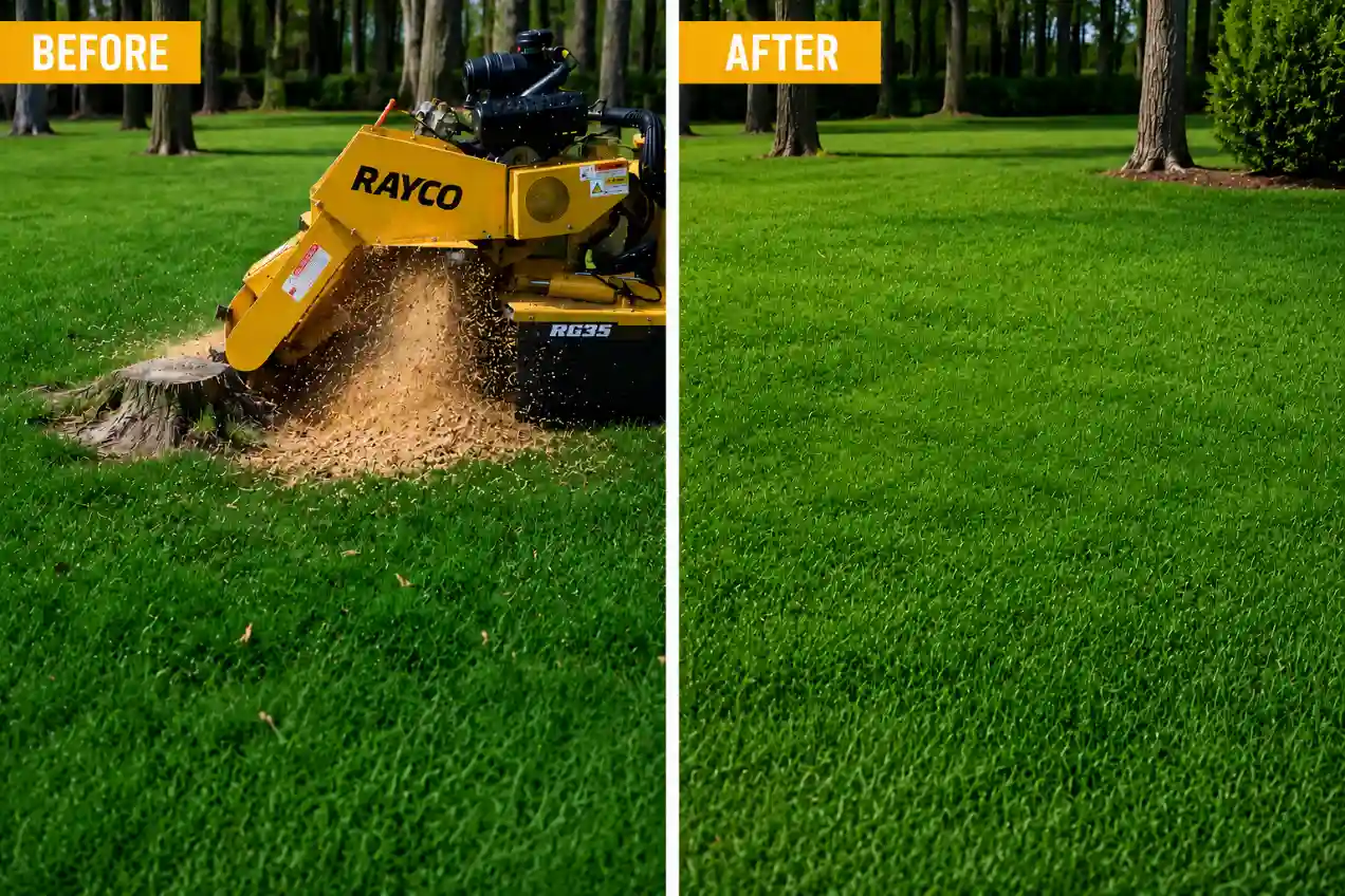 Before and after stump removal service in Springfield, MO with complete lawn restoration and no visible stump remnants